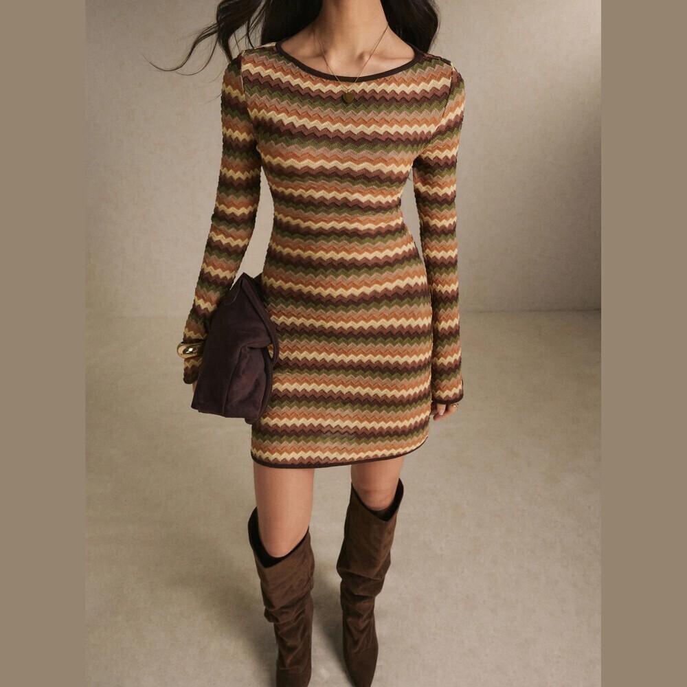 Brown / Green Zigzag Print Knit Long Sleeve Boat Neck Bodycon Mini Dress